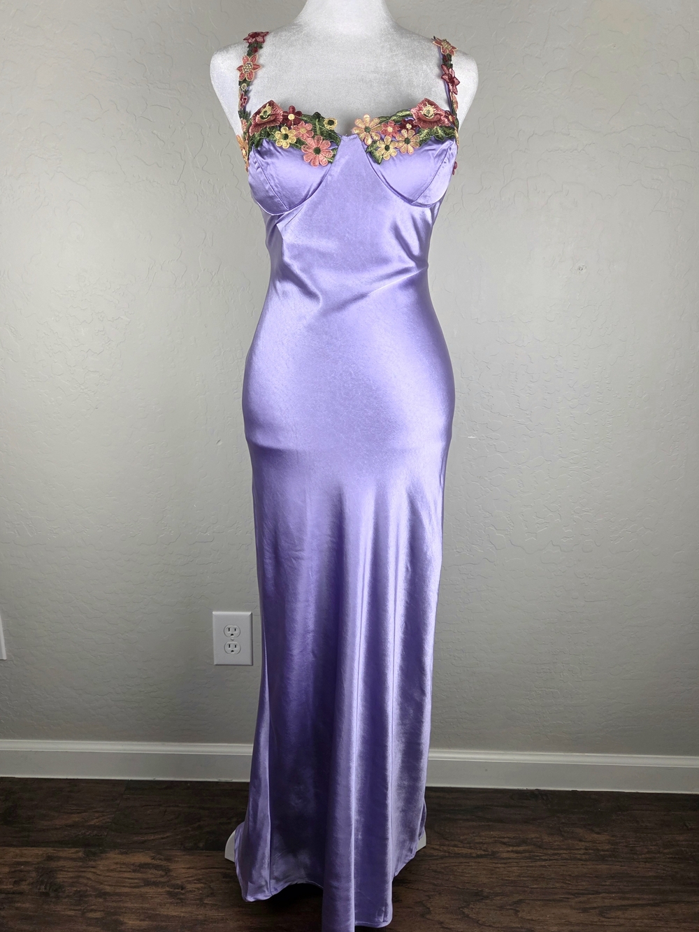 Lavender Satin Maxi Slip Dress with Floral Embroidered Bust